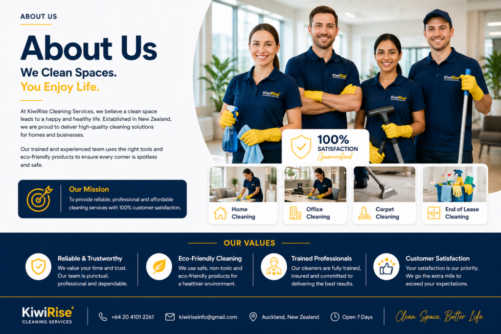 “KiwiRise Cleaning Services team providing professional residential and commercial cleaning in Auckland New Zealand”